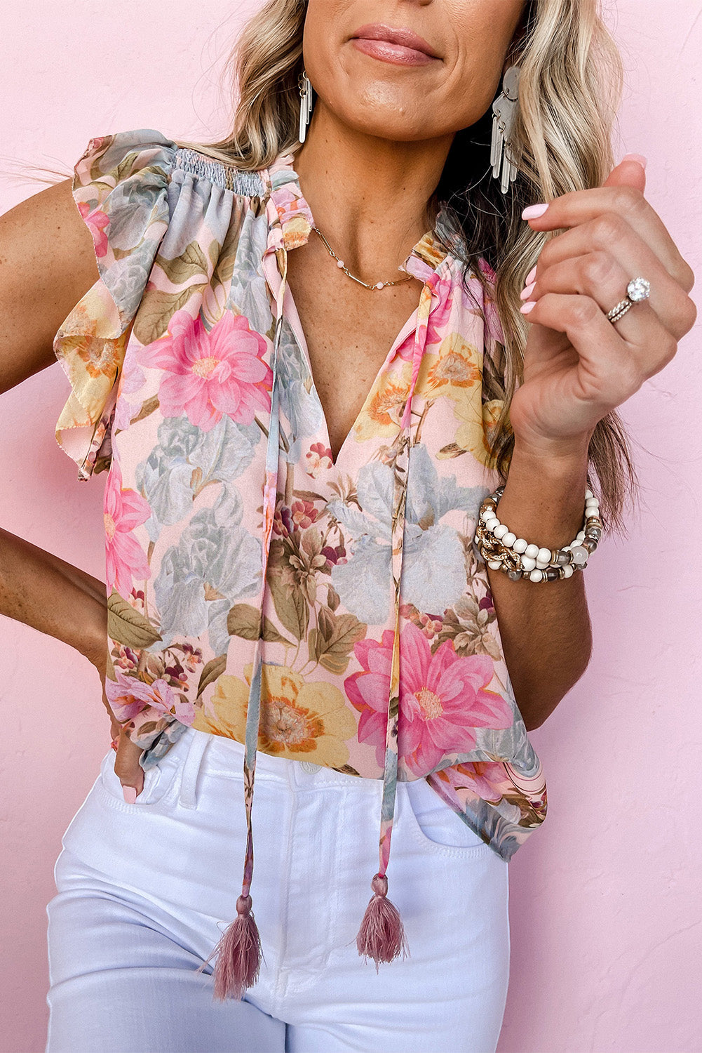 Floral Print Tassel Tie Short Sleeve Blouse