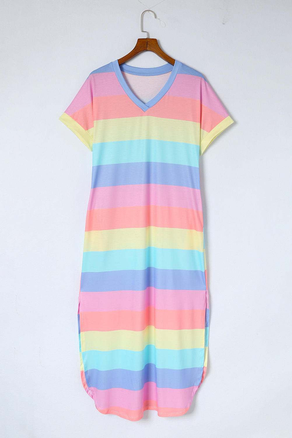 Multicolor Colorblock Pocketed V Neck T-shirt Dress