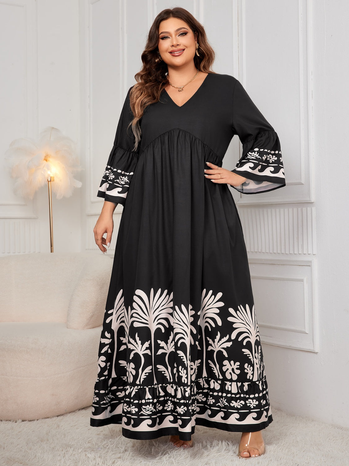 Printed V-Neck Long Sleeve Maxi Dress