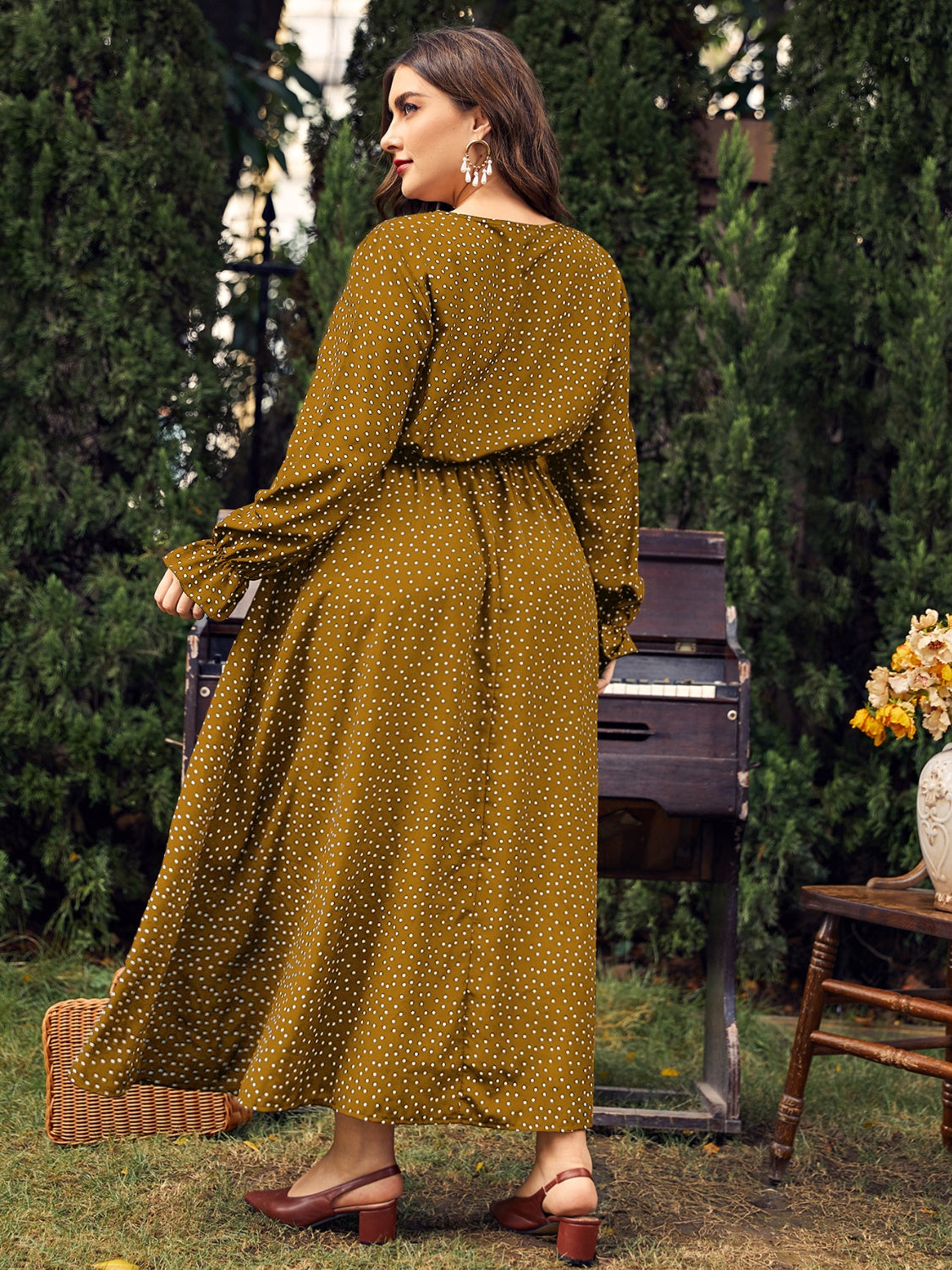 Ruffled Polka Dot Long Sleeve Midi Dress