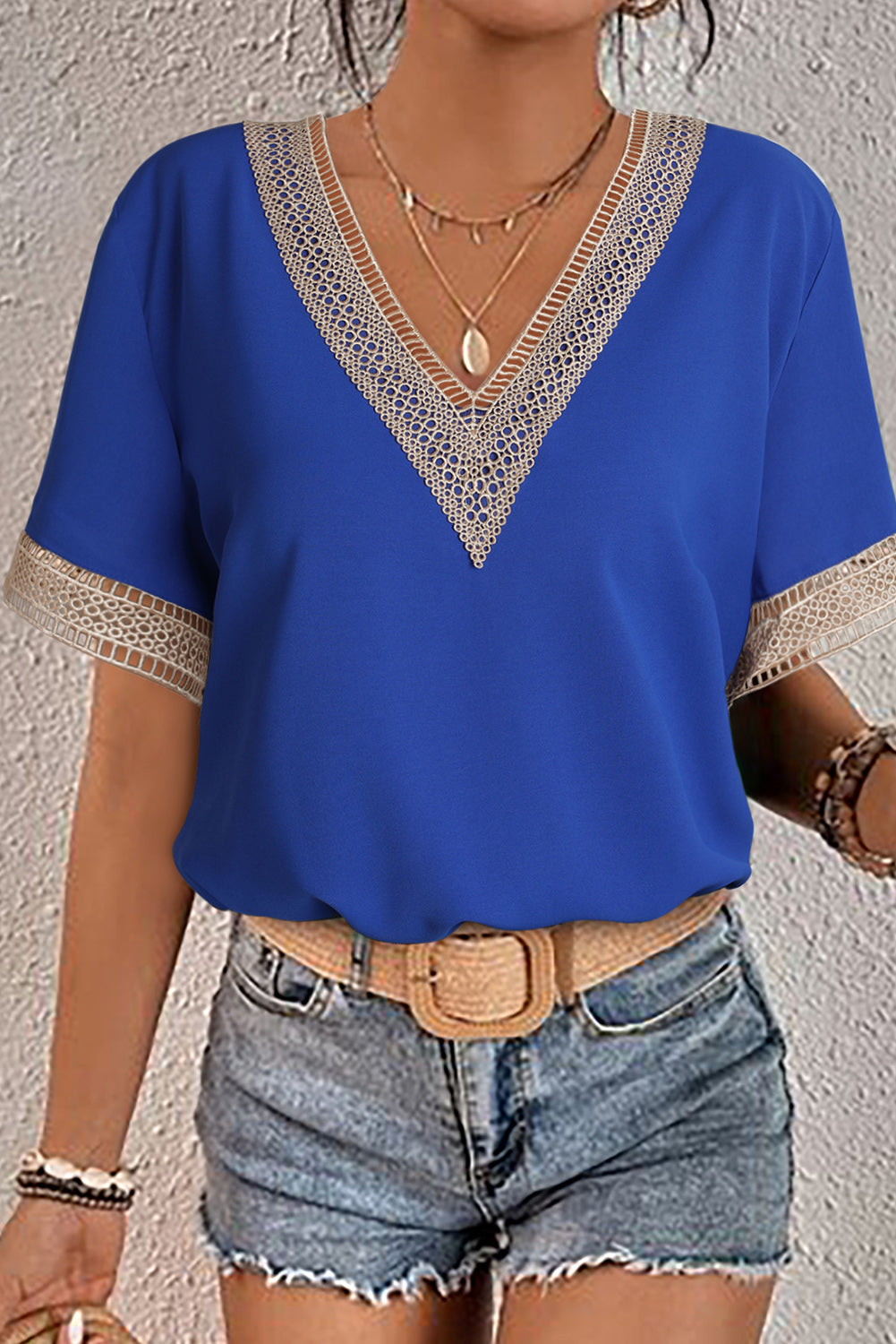 Lace Trim V Neck Short Sleeve Blouse