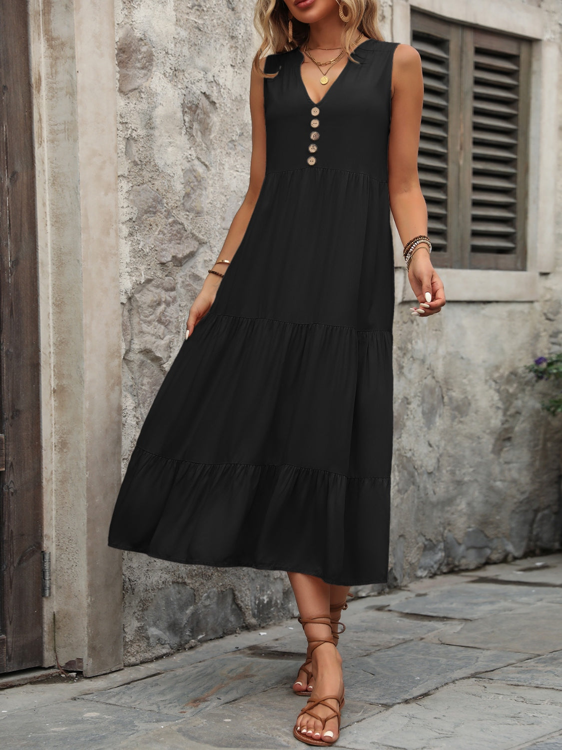 Button Notched Sleeveless Dress