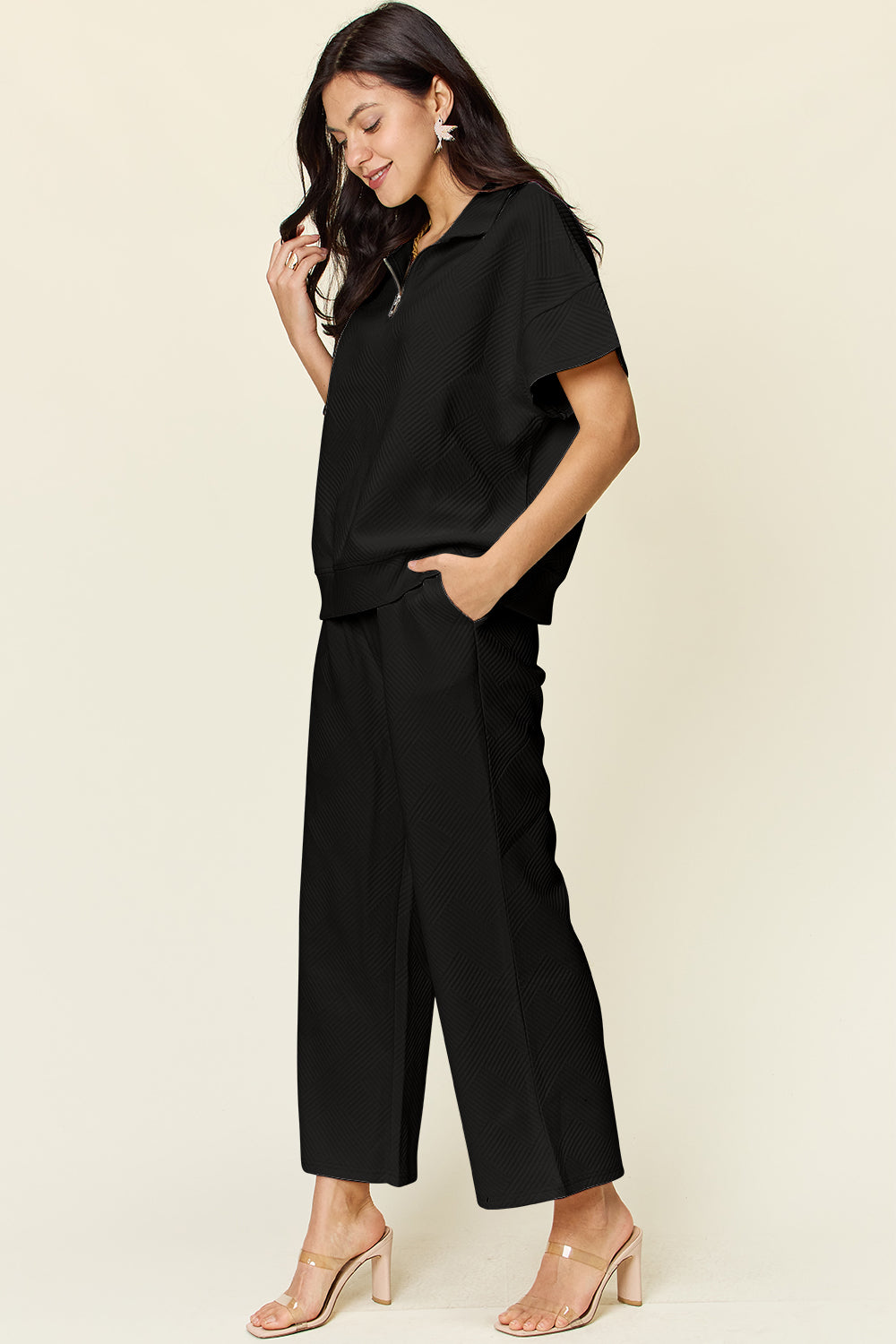 Double Texture Half Zip Short Sleeve Top and Pants Set