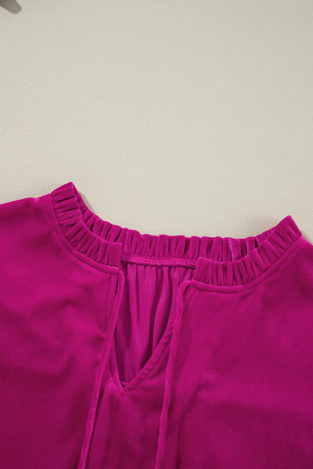 Bright Pink Ruffled Sleeve V Neck Velvet Blouse