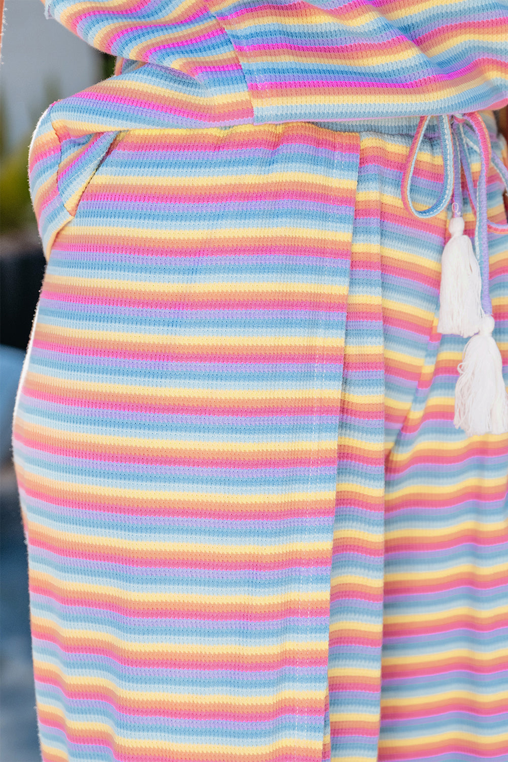 Pink Stripe Rainbow Tee Tasseled String Wide Leg Pants Set