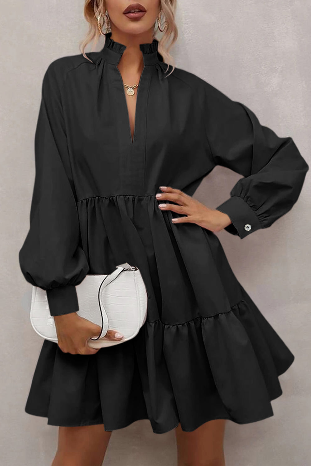 Black Long Sleeve Ruffle Dress