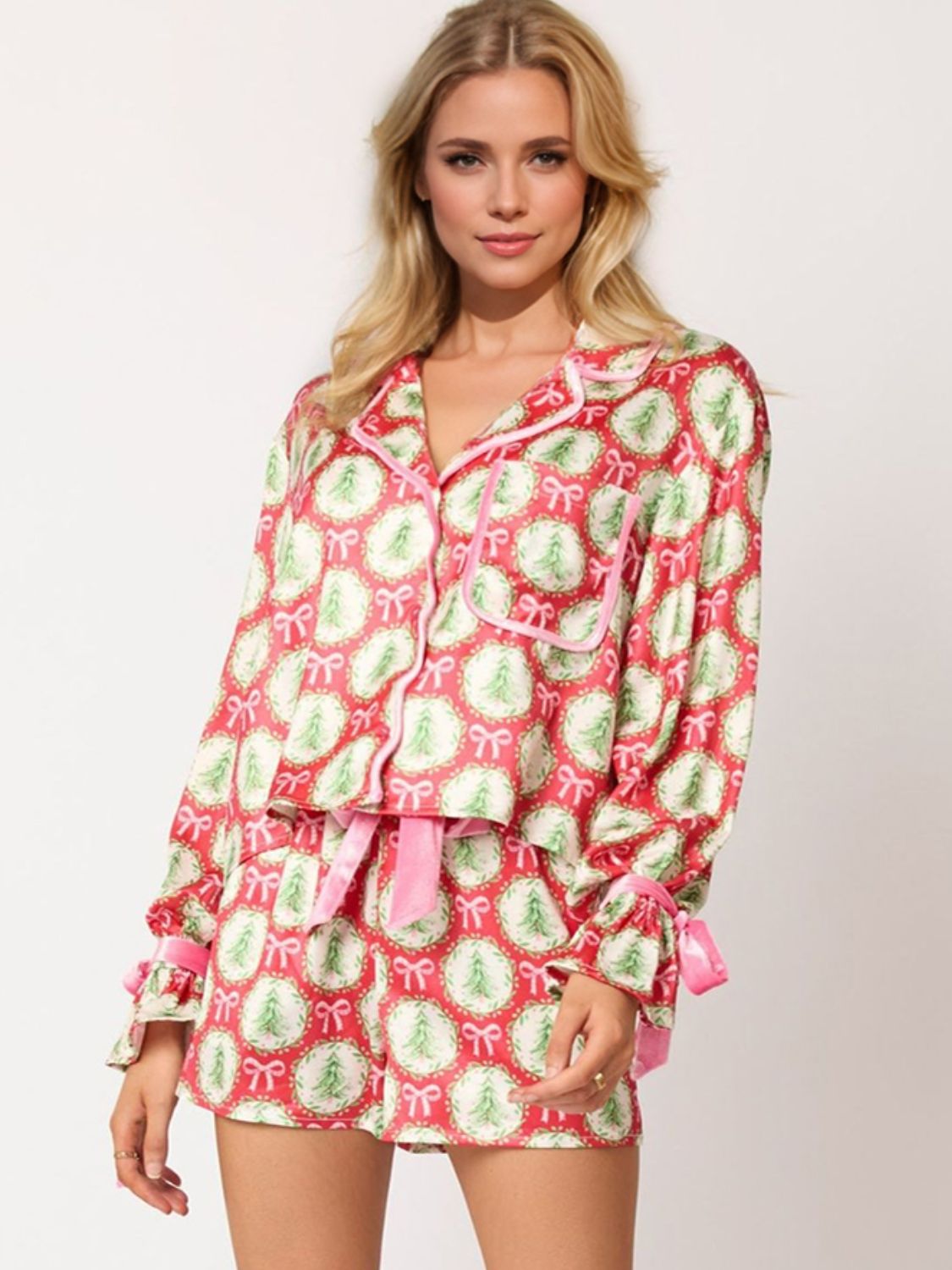 Tied Printed Collared Neck Long Sleeve Pajama Set