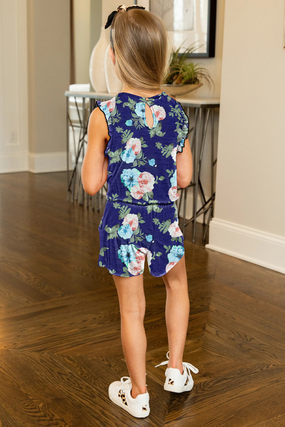 Floral Print Ruffled Sleeveless Girls Romper