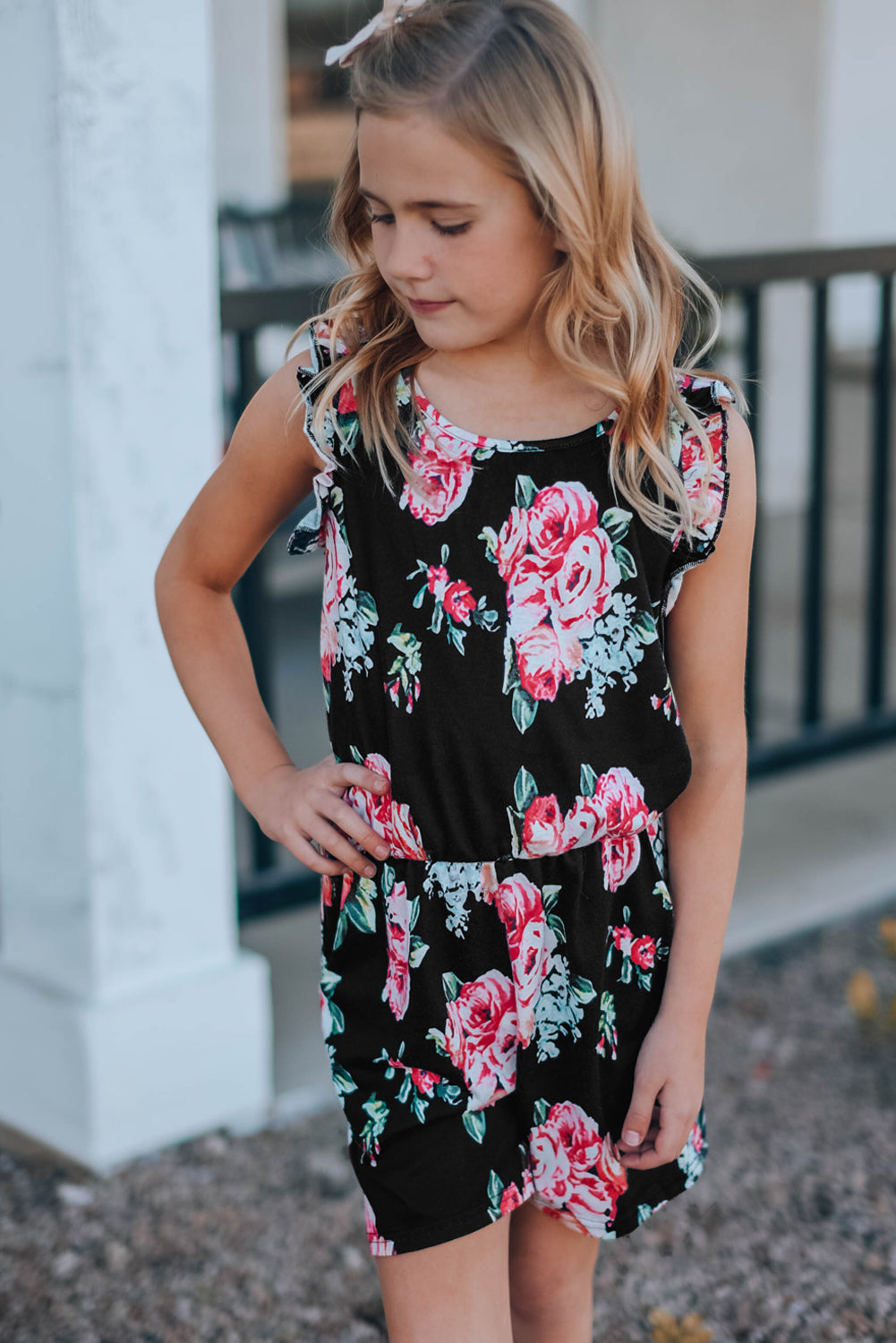 Floral Print Ruffled Sleeveless Girls Romper