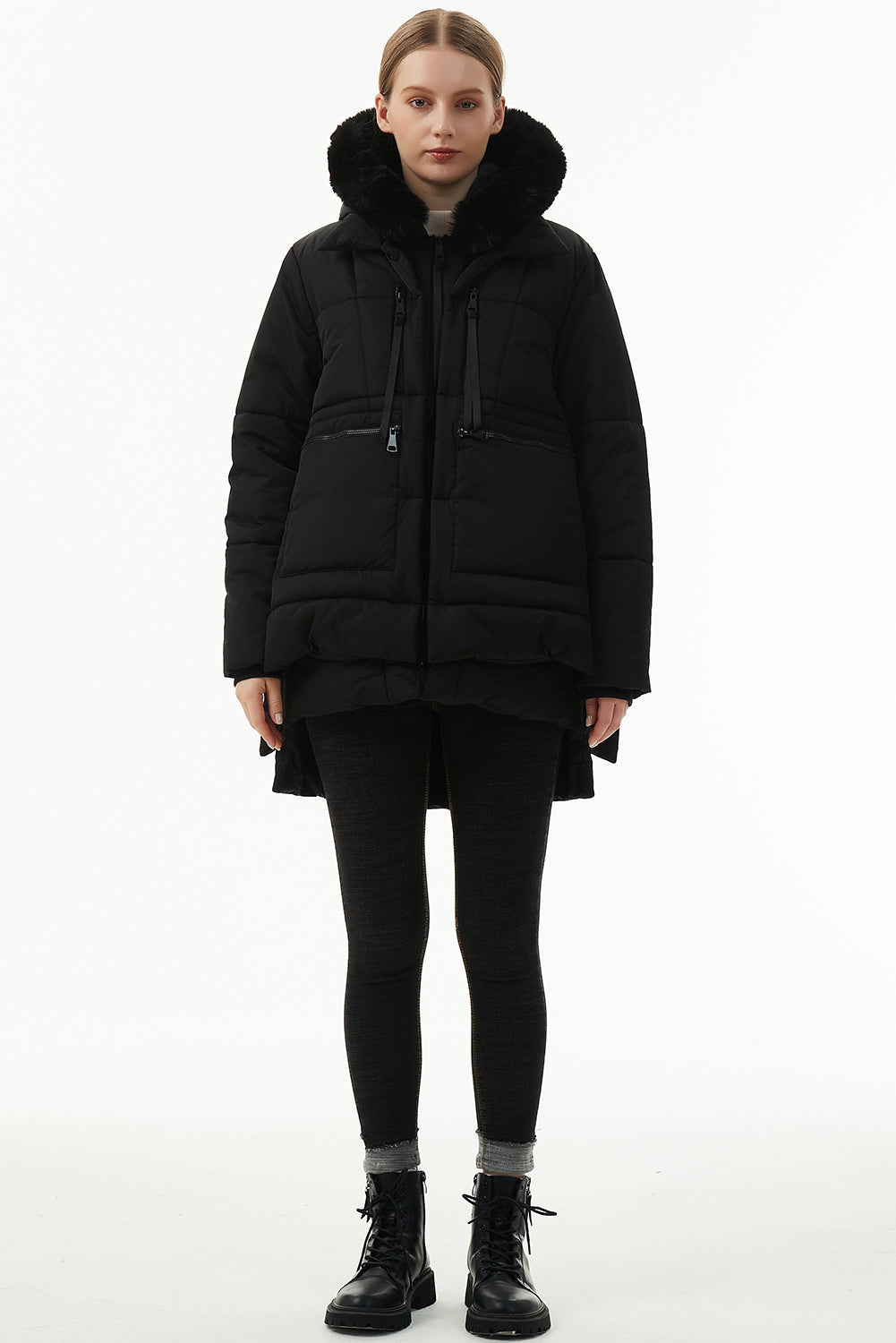 Black Plush Linen Hooded Puffer Coat