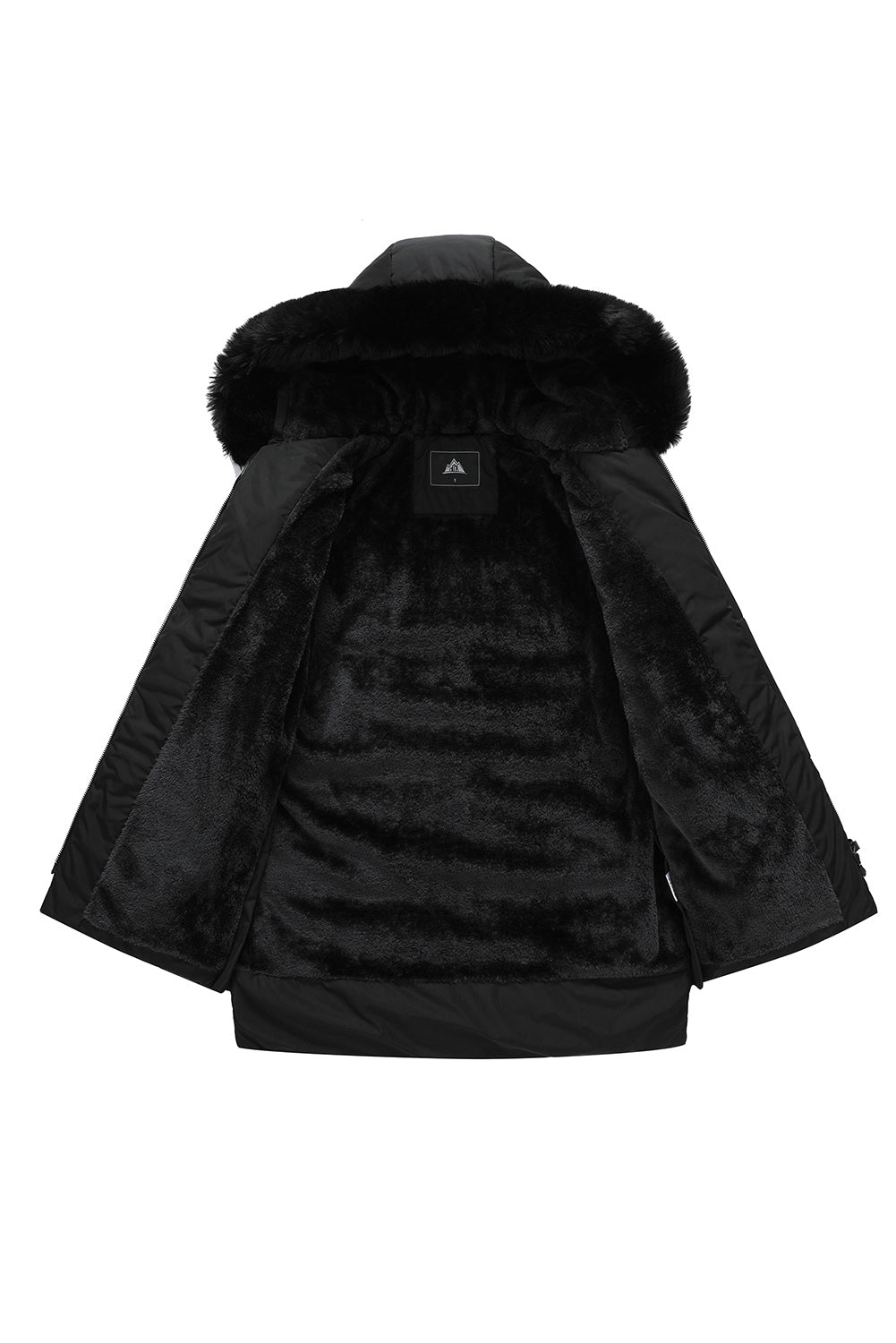 Black Plush Linen Hooded Puffer Coat