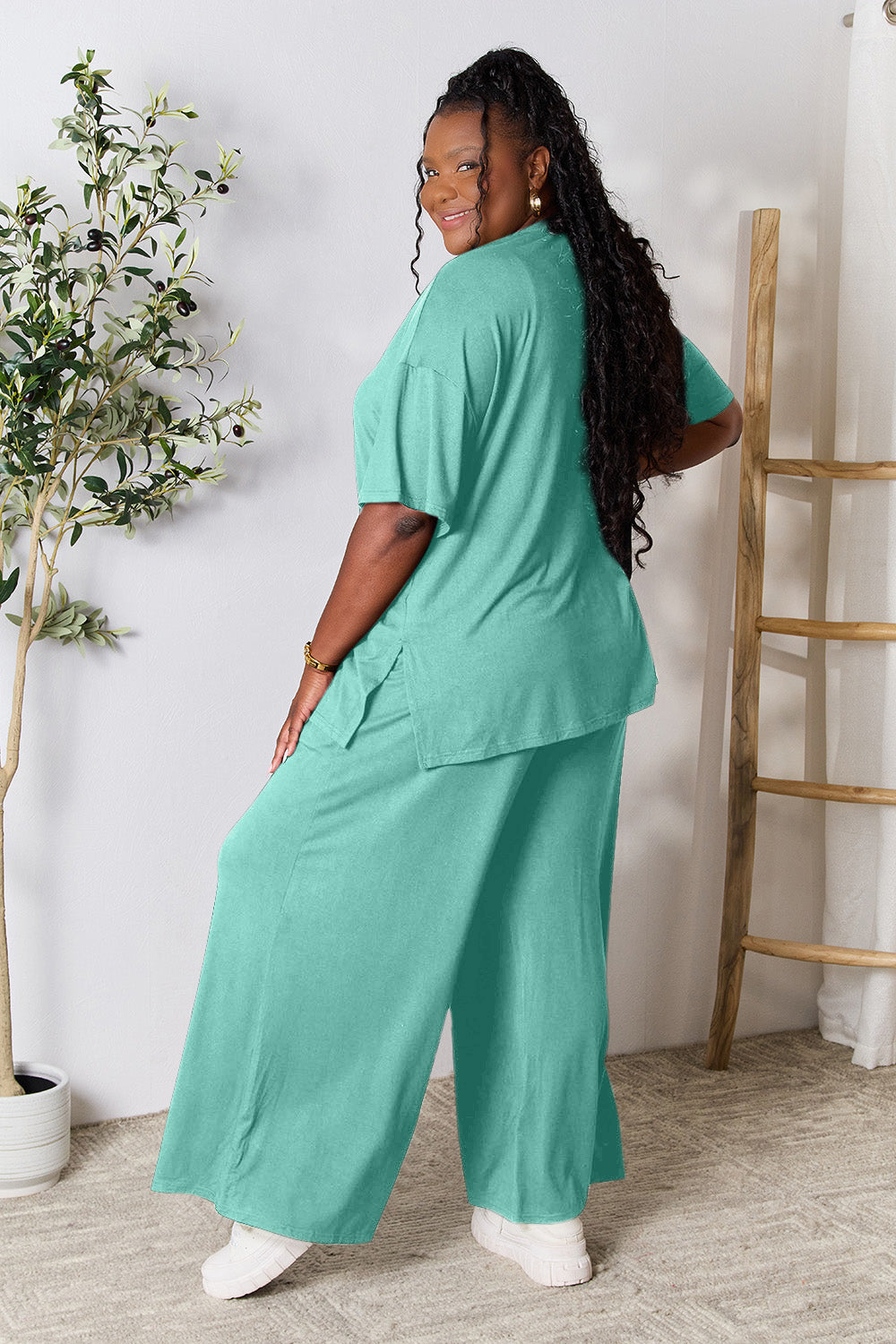 Double Take  Round Neck Slit Top and Pants Set