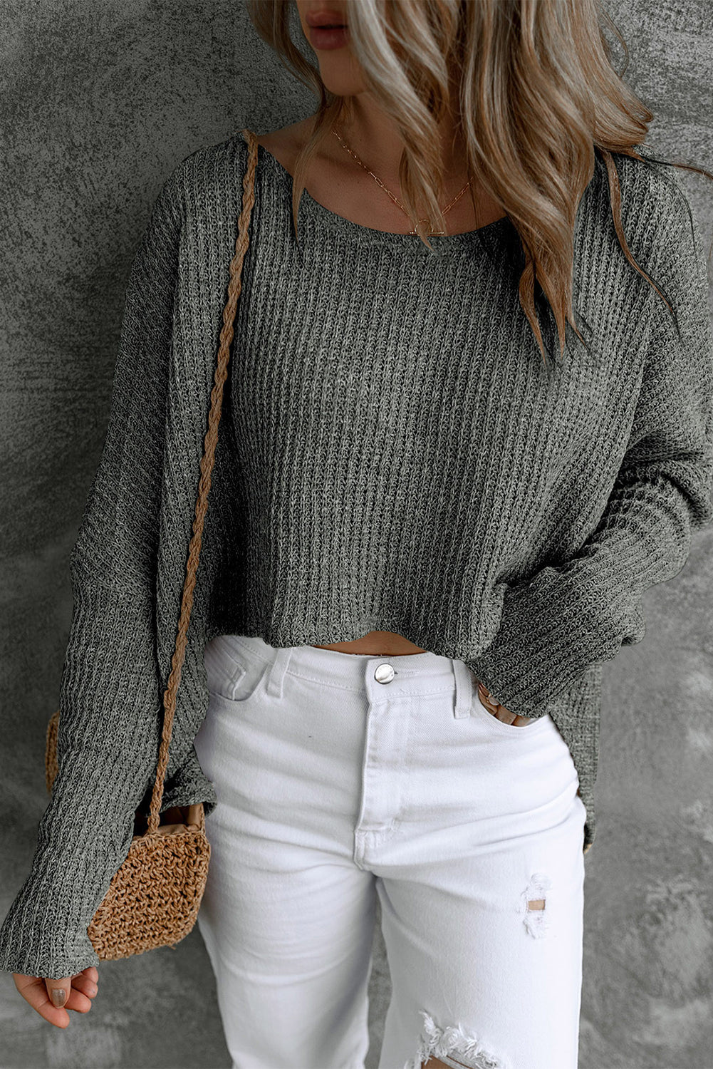 Gray Slouchy Dolman Sleeve High Low Sweater