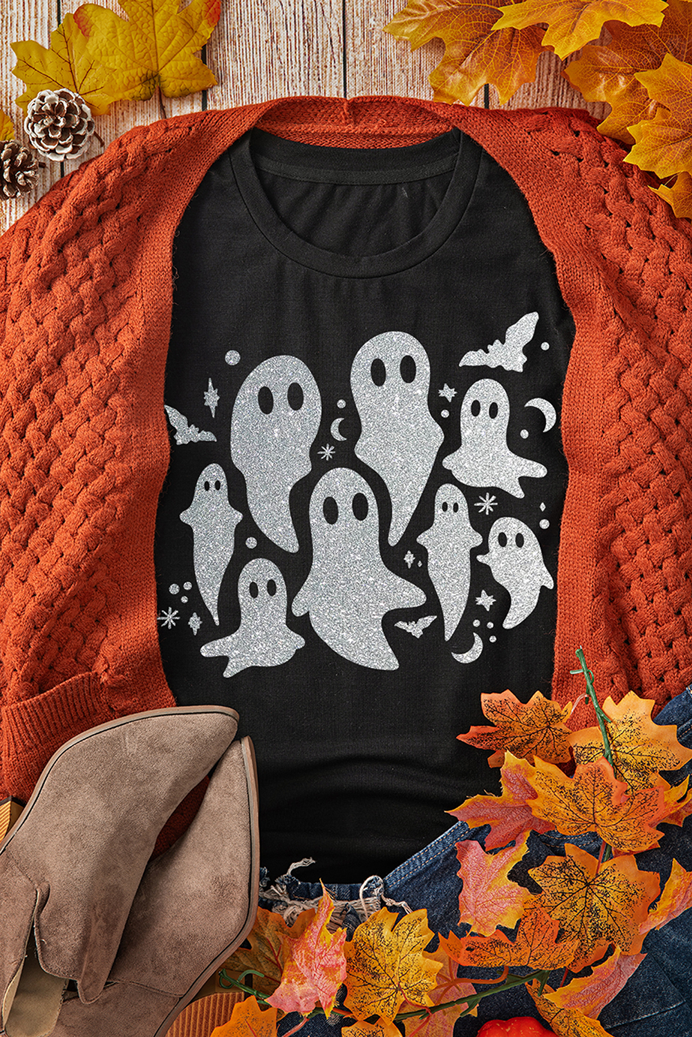 Black Halloween Glitter Ghost T Shirt