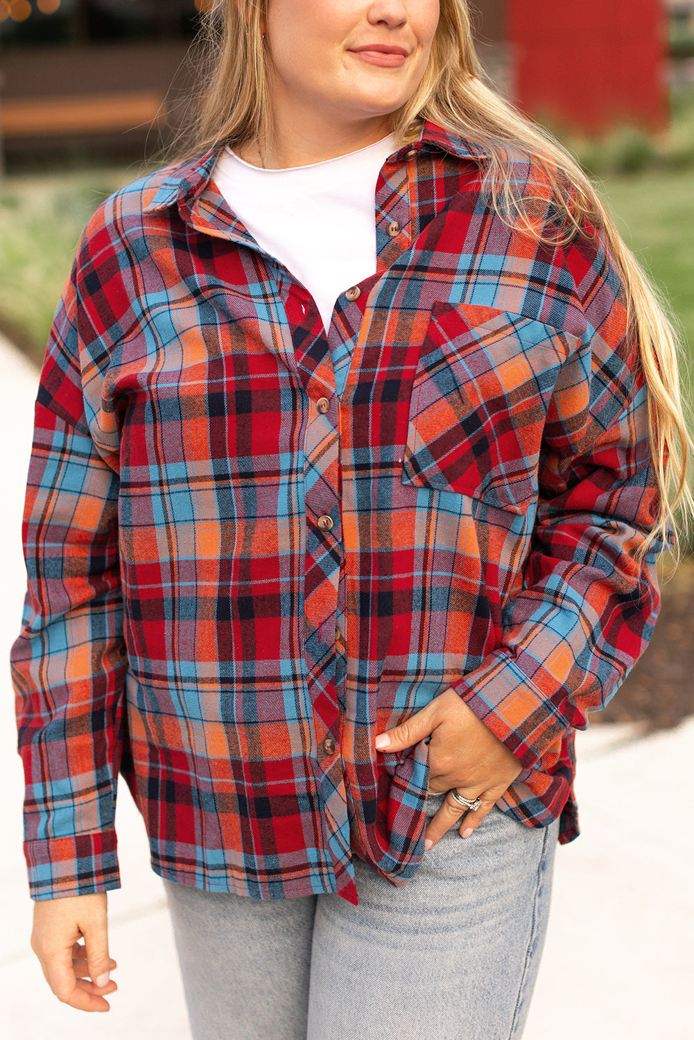 Orange Plaid Print Buttoned Shirt