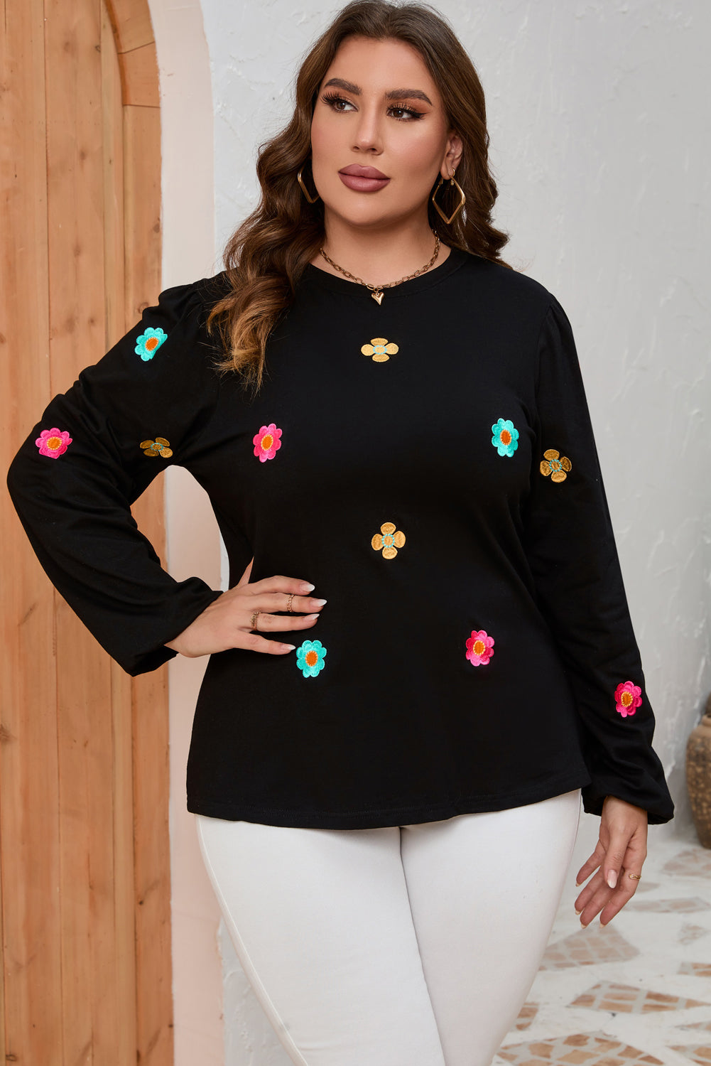 Flower Embroidered Puff Sleeve Top