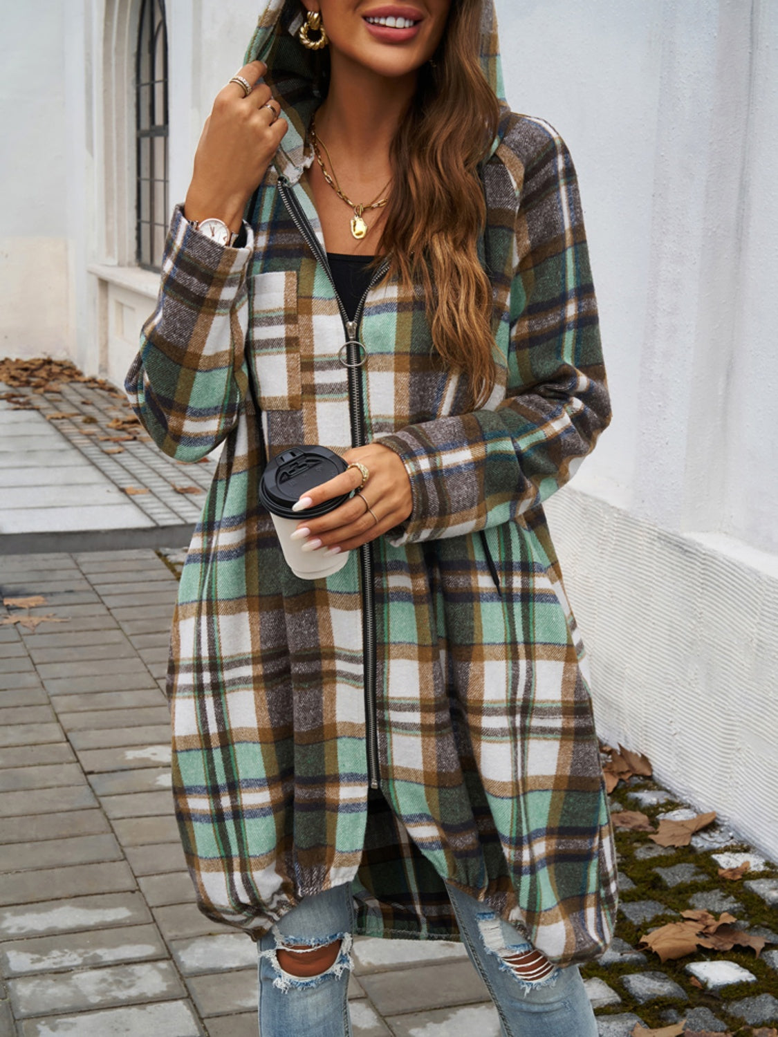 Plaid Zip Up Hooded Mid length Shacked