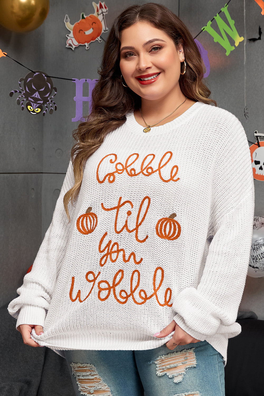 White Gobble Til You Wobble Pop Up Crochet Sweater