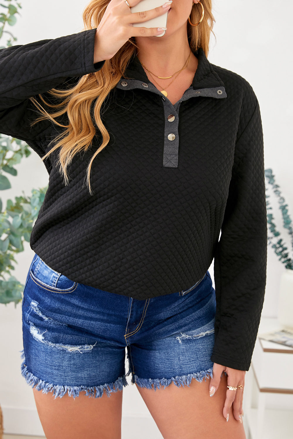 Black Quilted Button Up Henley Sweatshirt