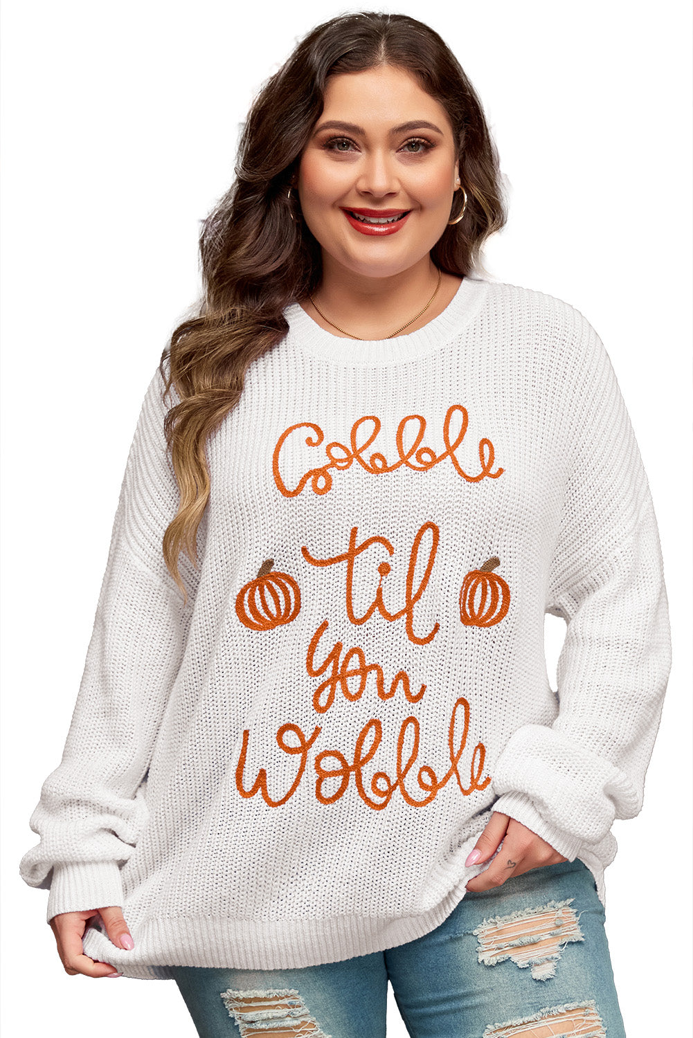 White Gobble Til You Wobble Pop Up Crochet Sweater