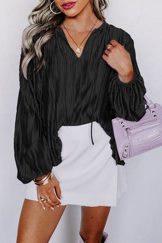 Black Textured Bubble Sleeve Loose Blouse