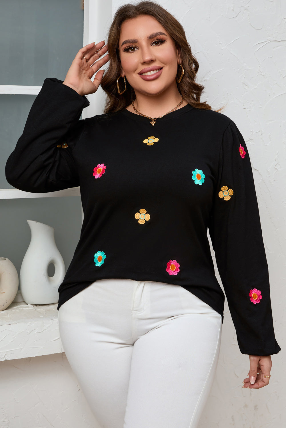 Flower Embroidered Puff Sleeve Top