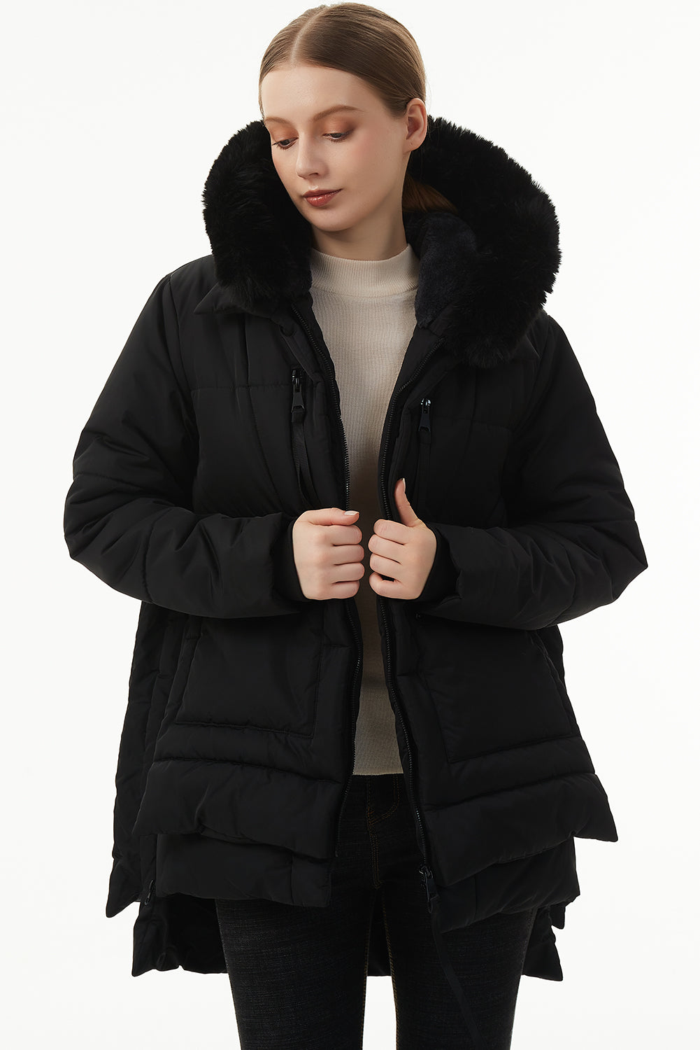 Black Plush Linen Hooded Puffer Coat