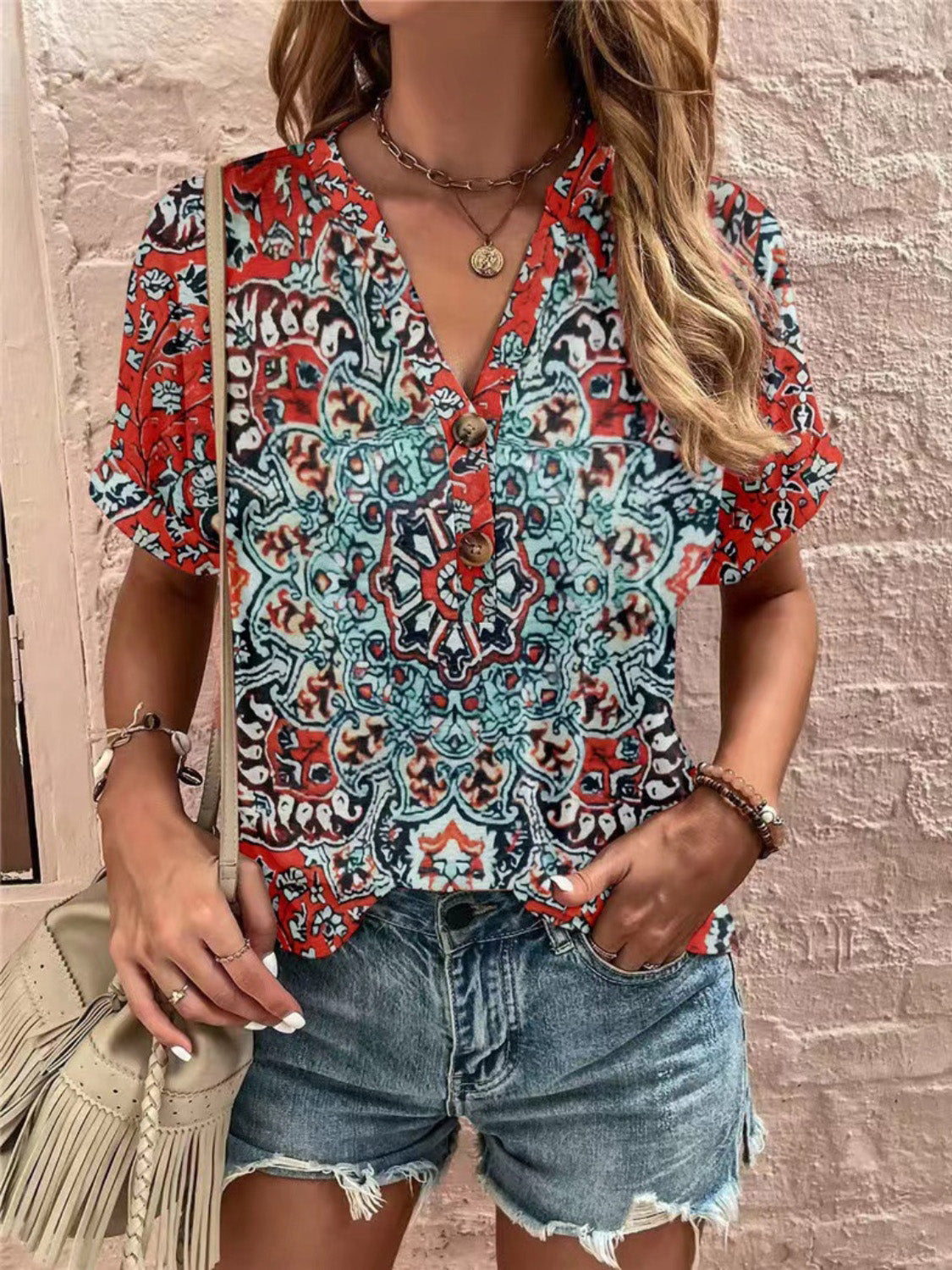 Printed Notched Short Sleeve Blouse