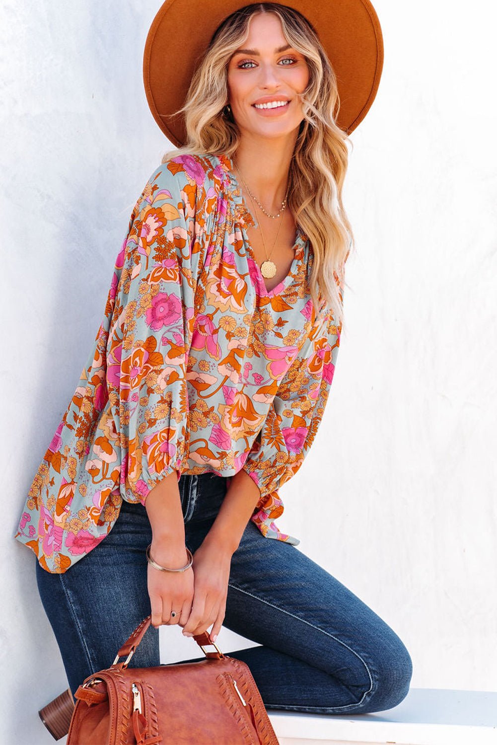 Boho Wide Sleeve Smocked  Floral Tops