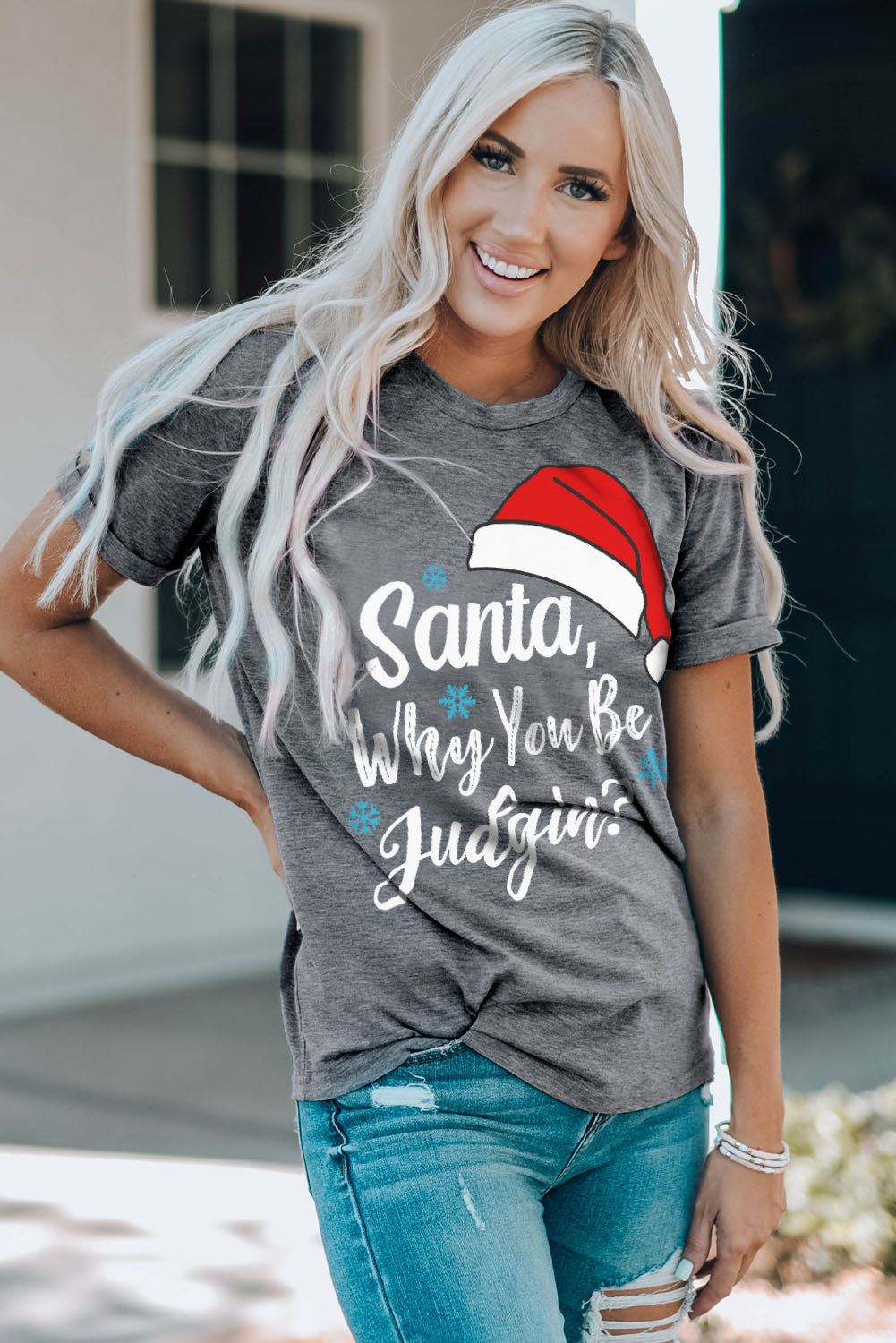 Gray Christmas Santa Hat Graphic Tee