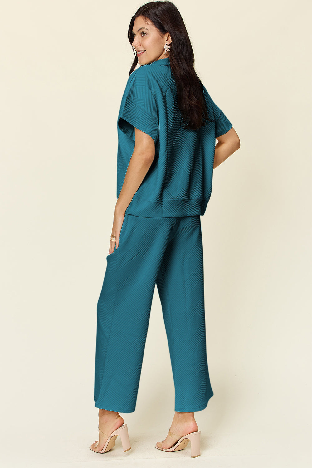 Double Texture Half Zip Short Sleeve Top and Pants Set