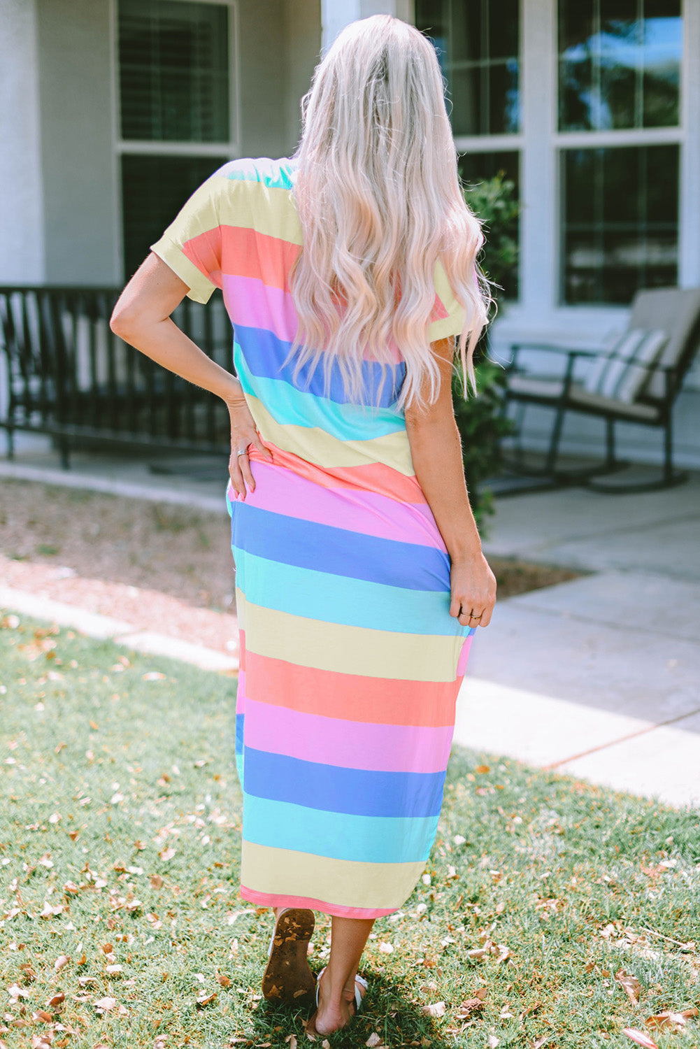 Multicolor Colorblock Pocketed V Neck T-shirt Dress