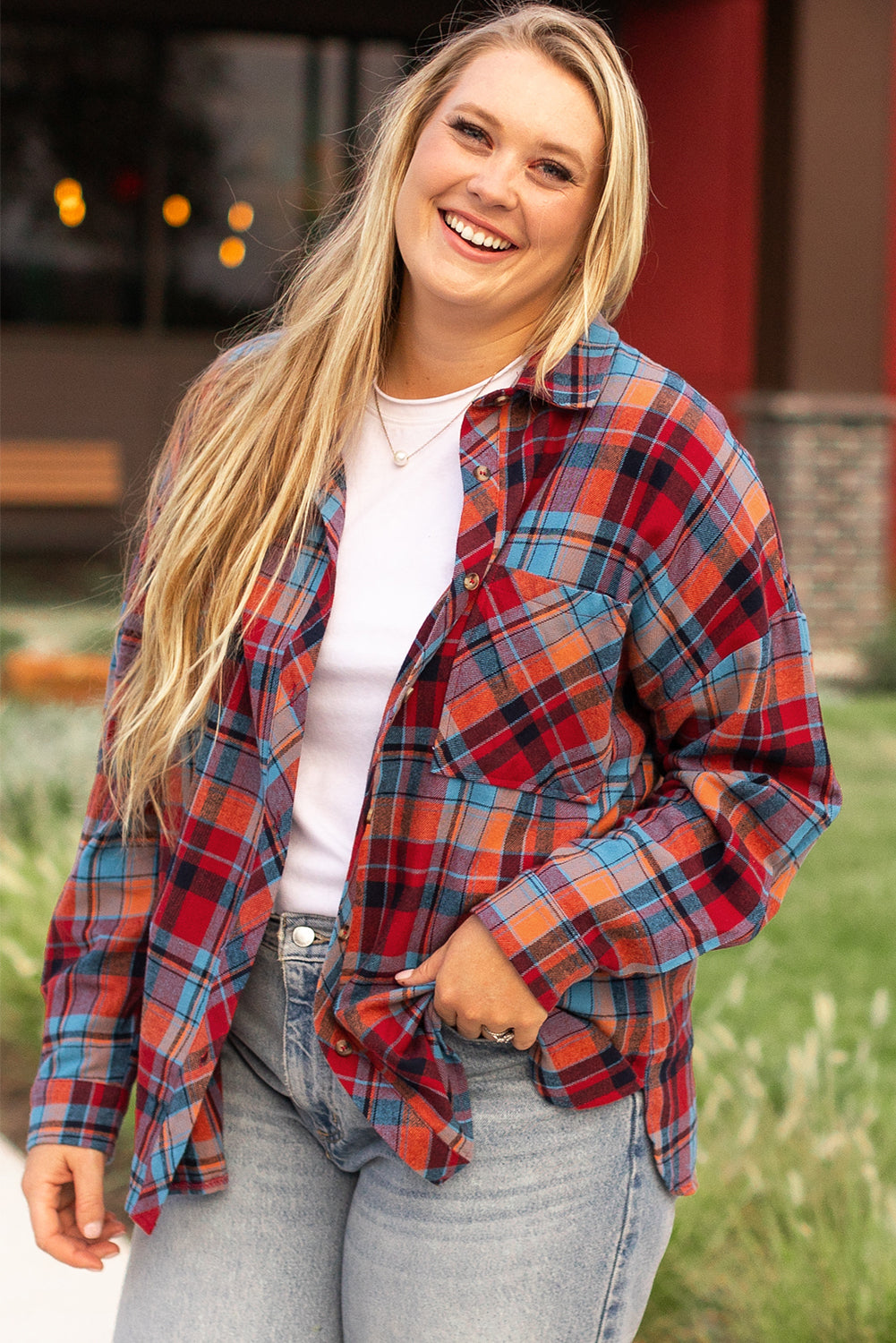 Orange Plaid Print Buttoned Shirt