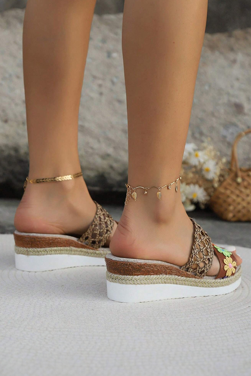 White Floral Print Wedge Slippers