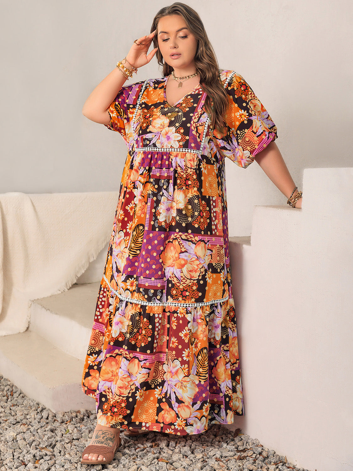 Printed V-Neck Half Sleeve Maxi Dress