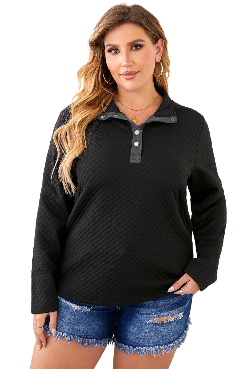 Black Quilted Button Up Henley Sweatshirt