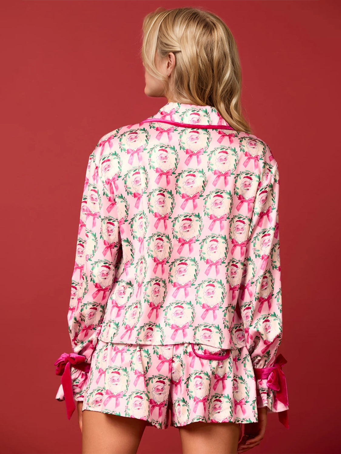 Tied Printed Collared Neck Long Sleeve Pajama Set