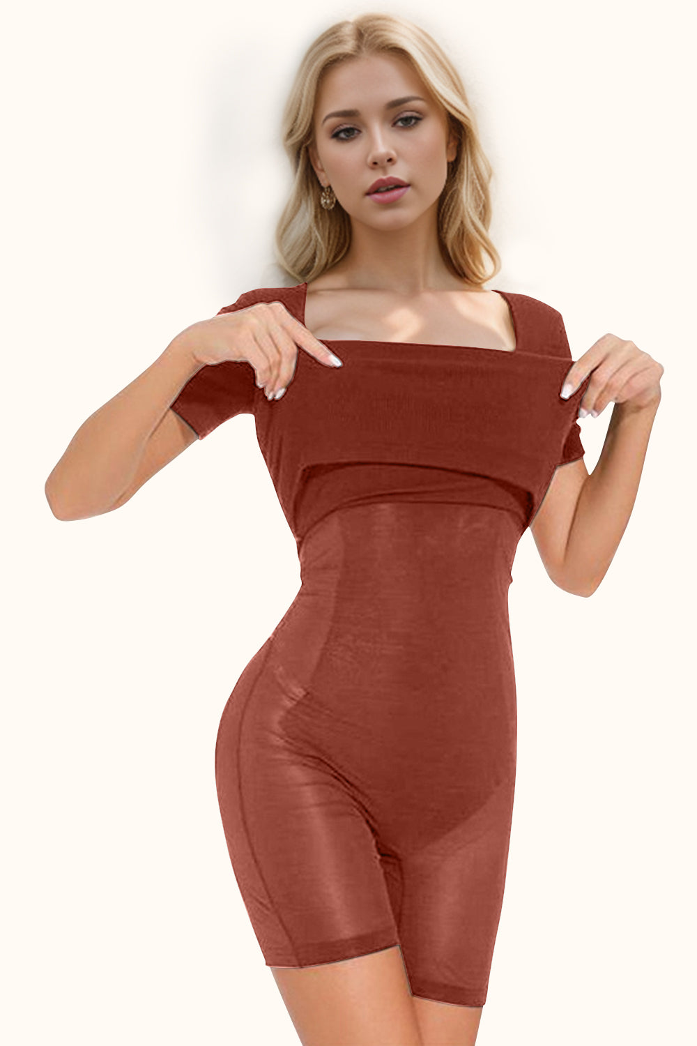 Basic Built-In Shapewear Square Neck Short Sleeve Dress