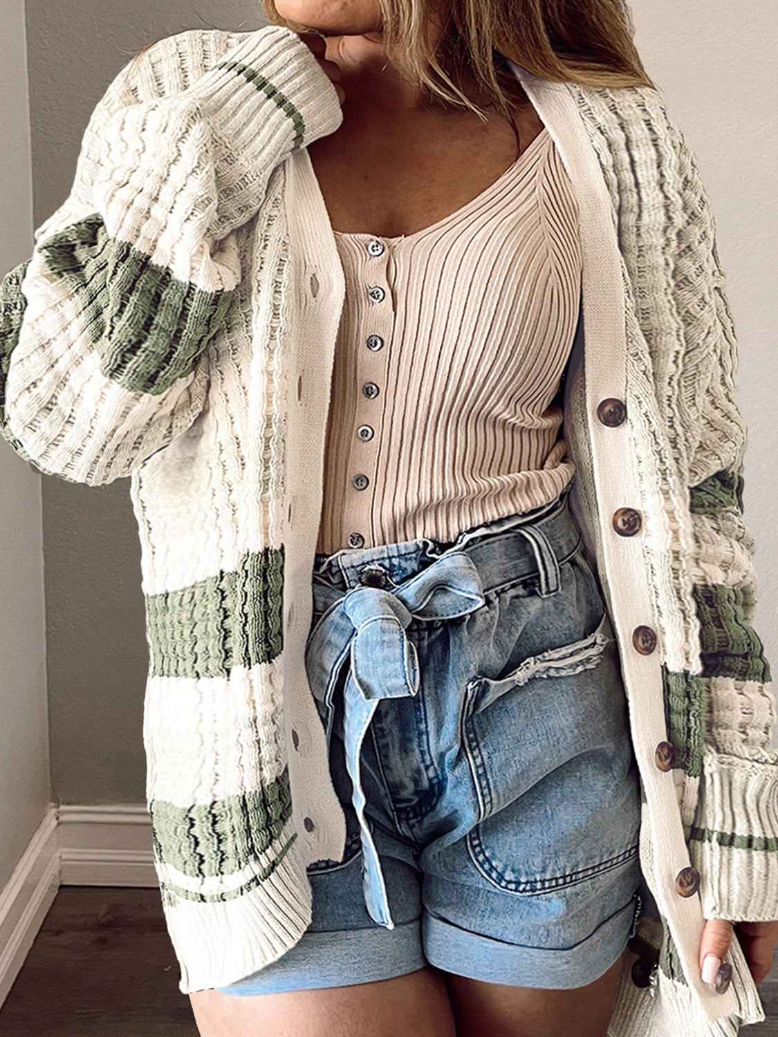 Striped Button Up Dropped Shoulder Cardigan