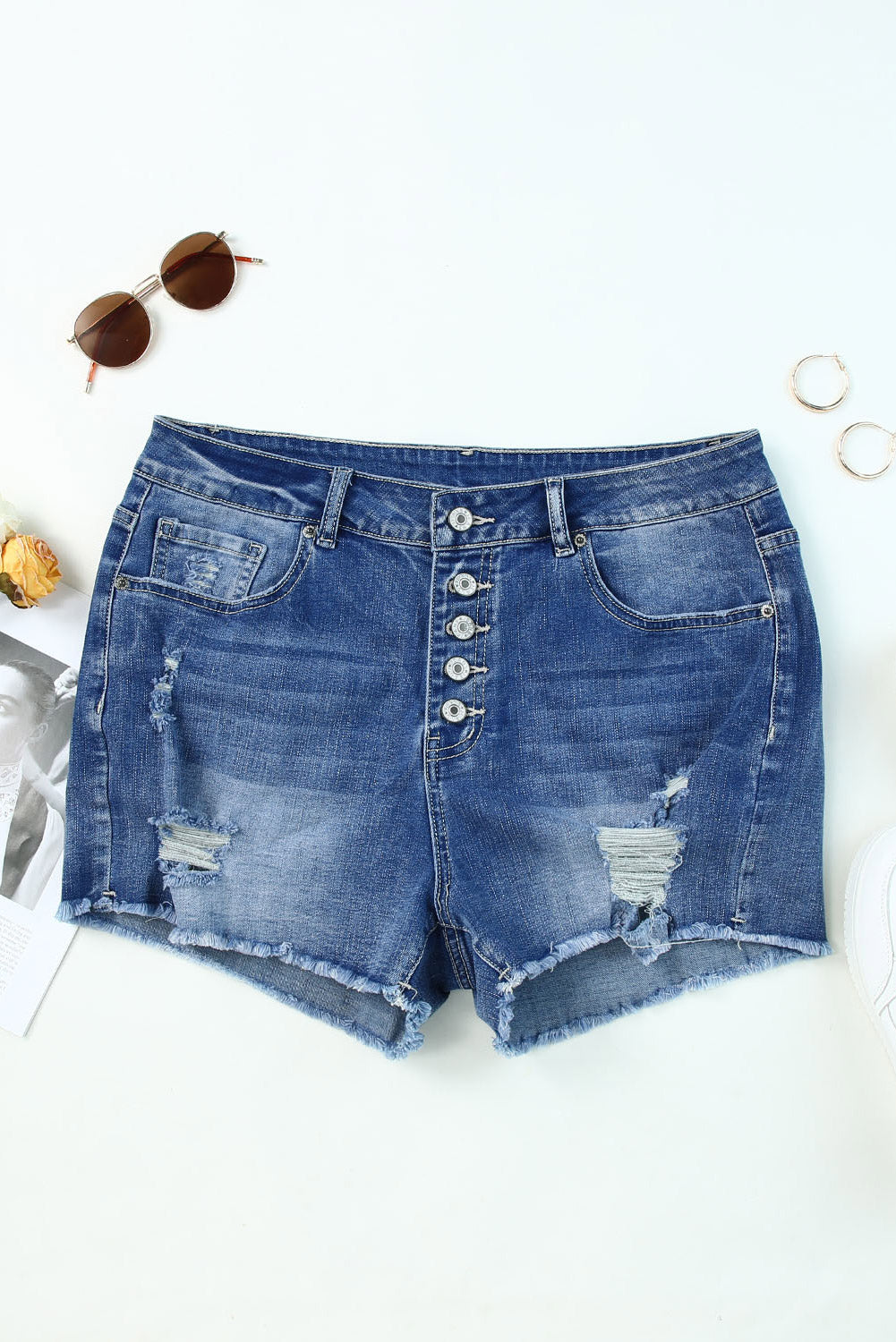 Button Fly High Rise Denim Shorts