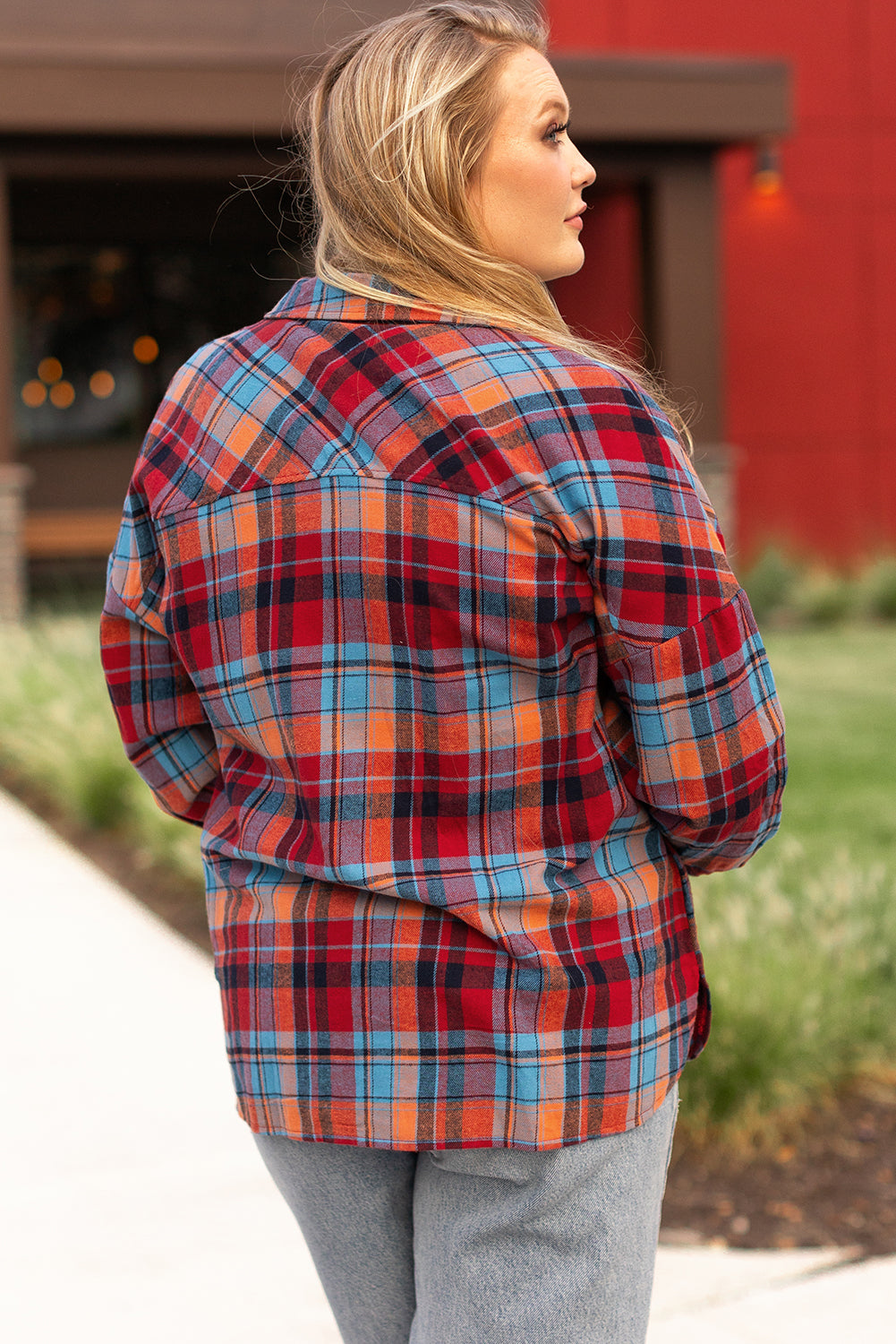 Orange Plaid Print Buttoned Shirt