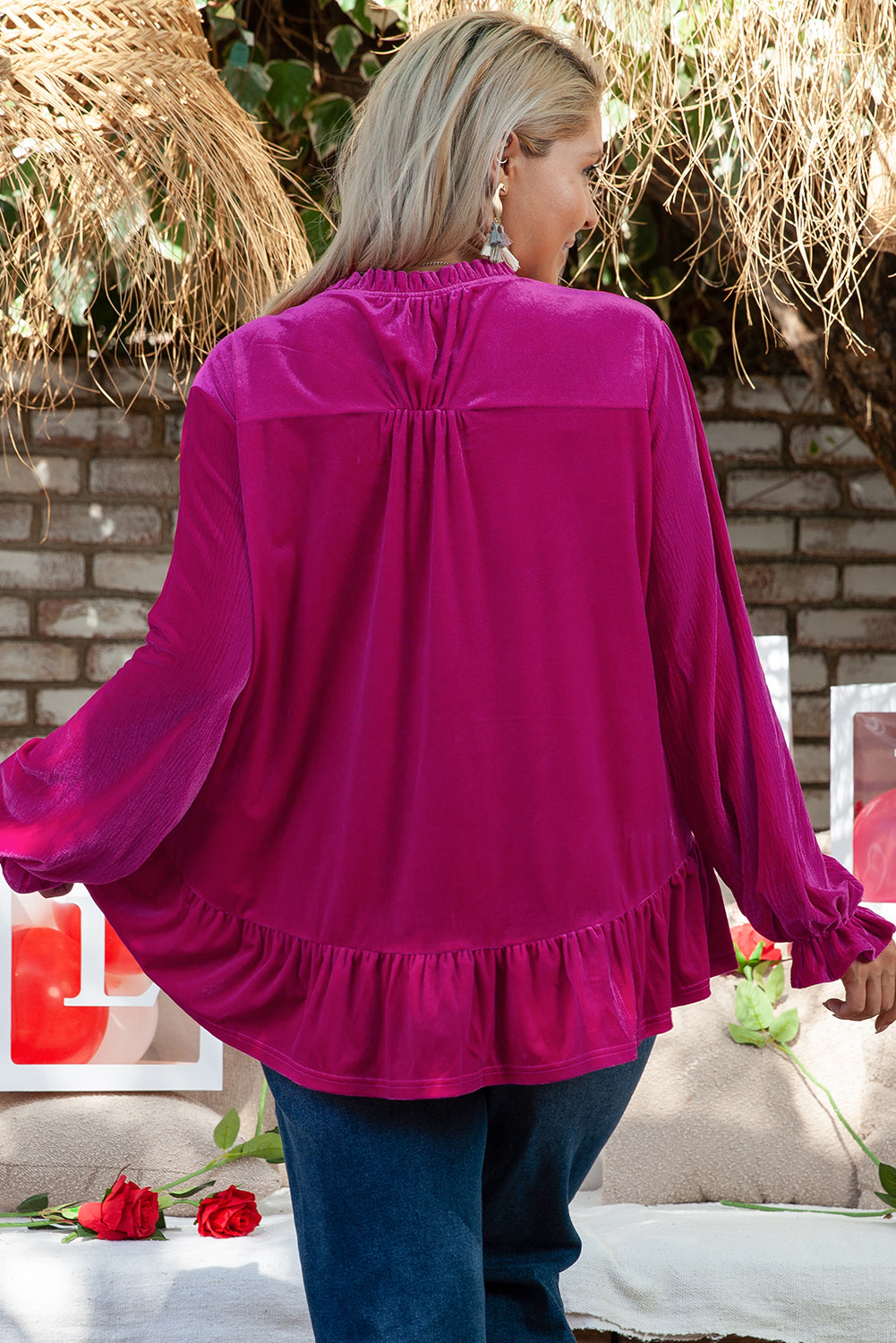 Bright Pink Ruffled Sleeve V Neck Velvet Blouse