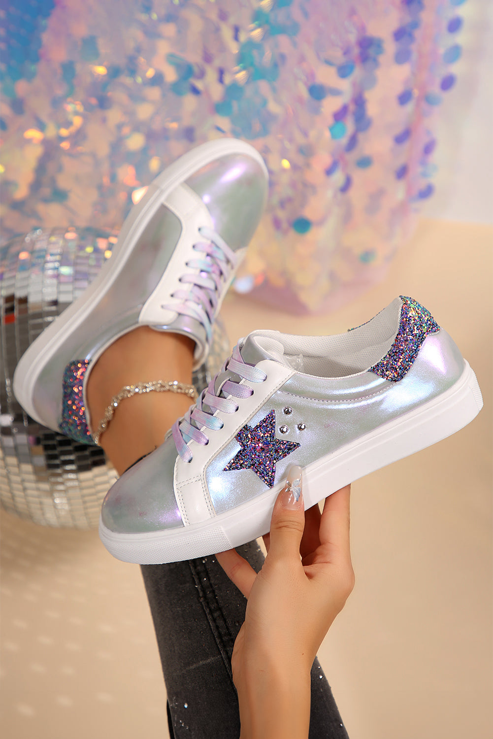 Silvery Star Sequin Patchwork Criss Cross Casual Shoes