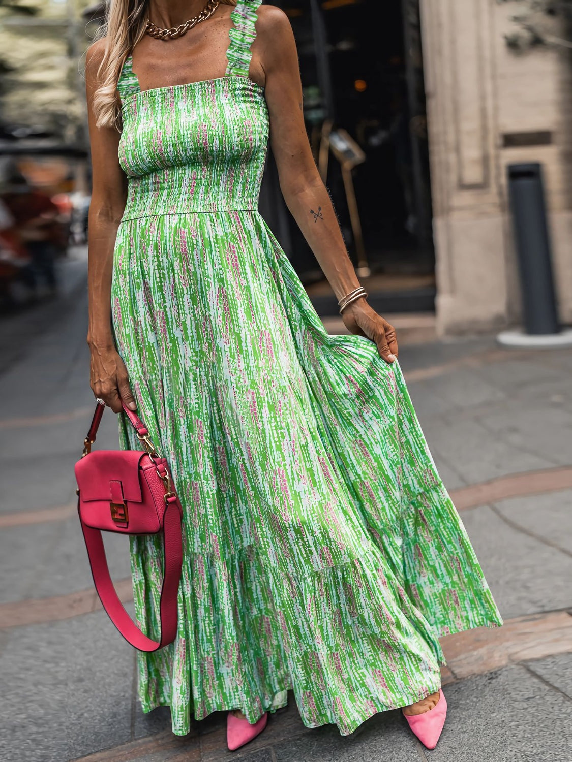 Smocked Printed Square Neck SummerDress