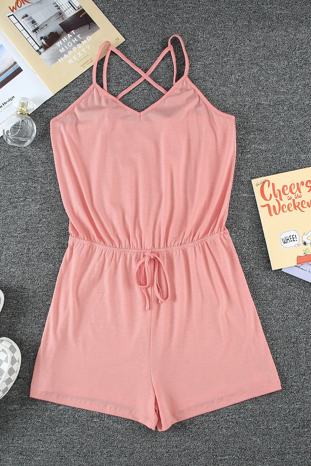 Khaki Spaghetti Straps V Neck Crisscross Back Romper