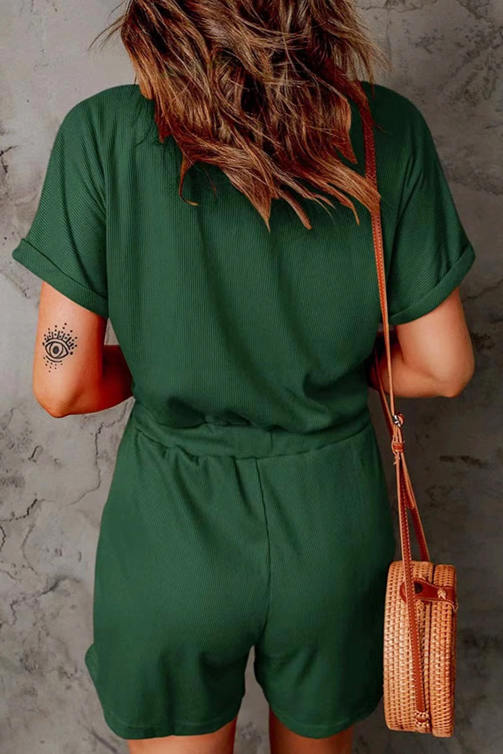 Drawstring V-Neck Short Sleeve Romper