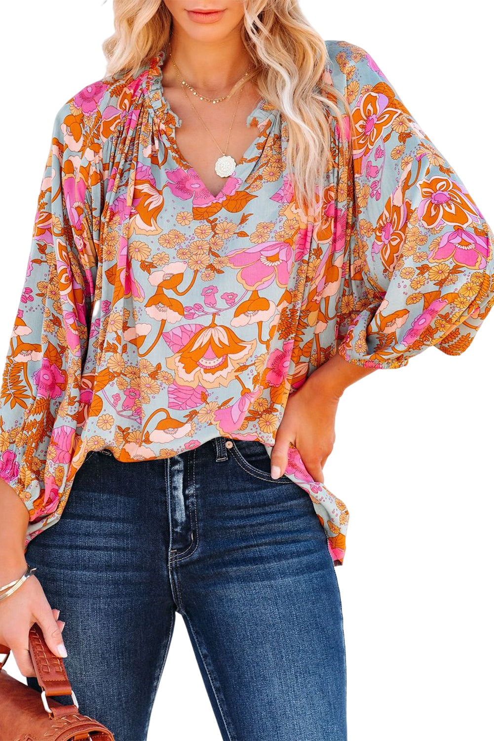 Boho Wide Sleeve Smocked  Floral Tops