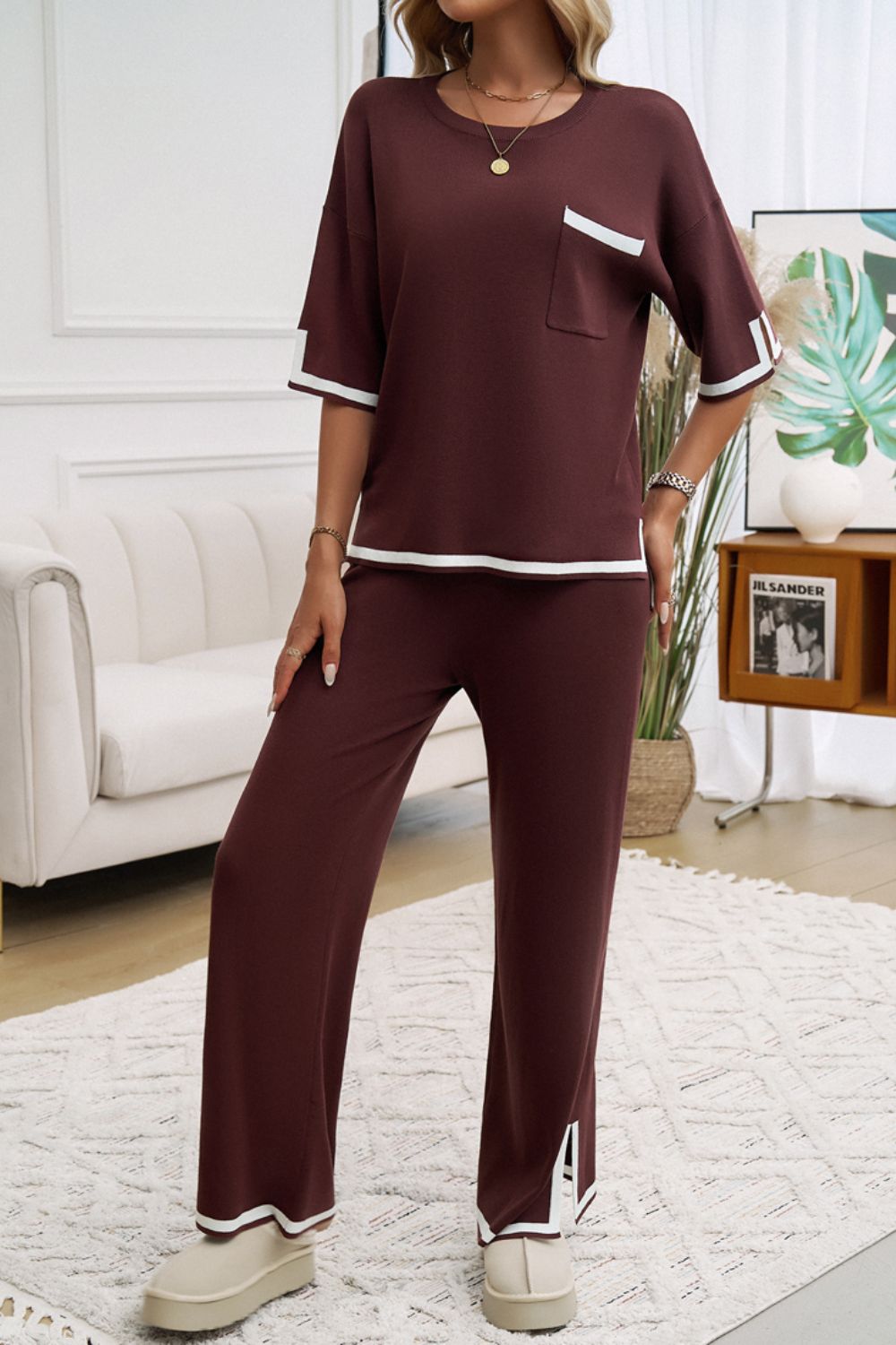 Pocketed Half Sleeve Top and Pants Set