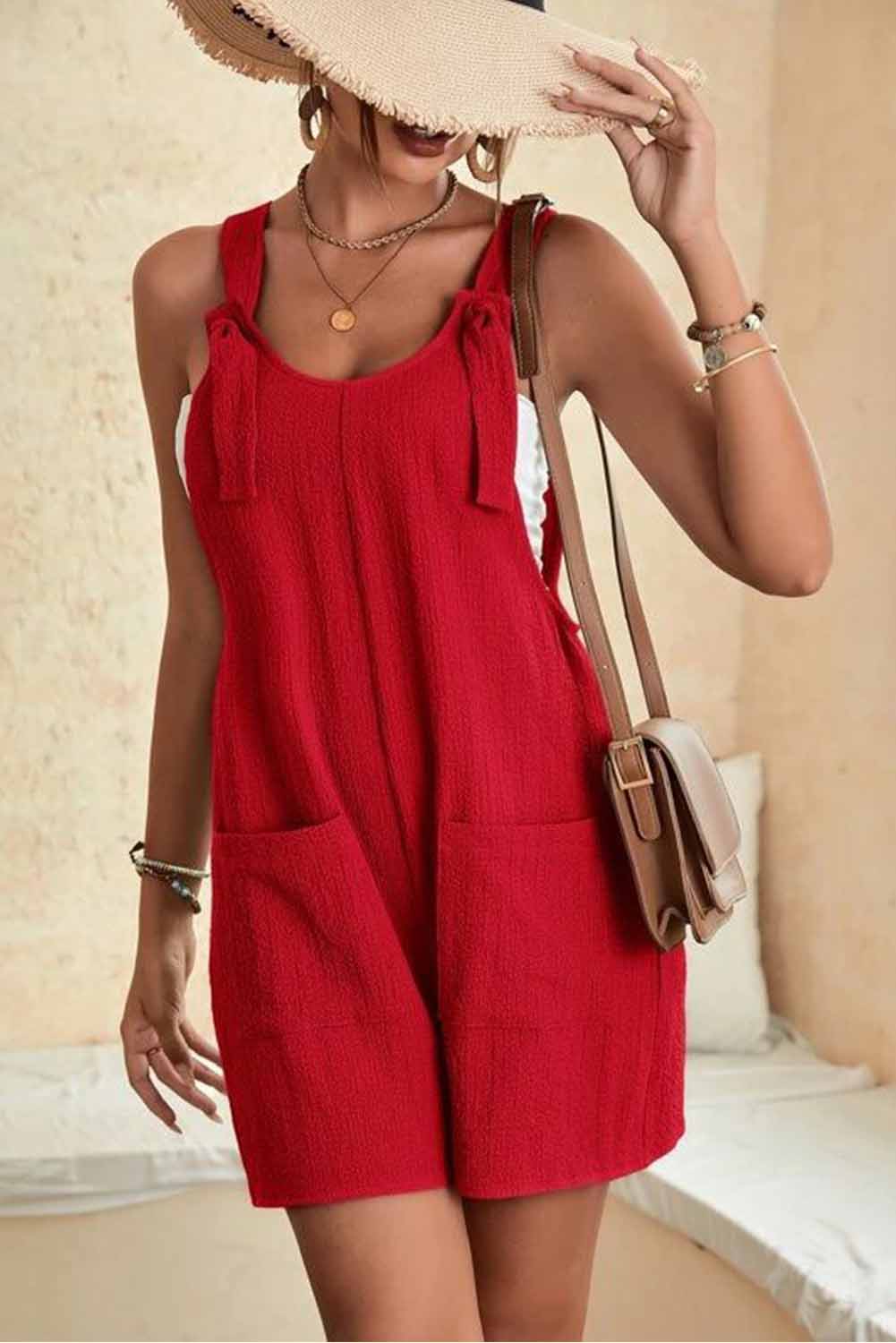 Adjustable Straps Pocketed Textured Romper