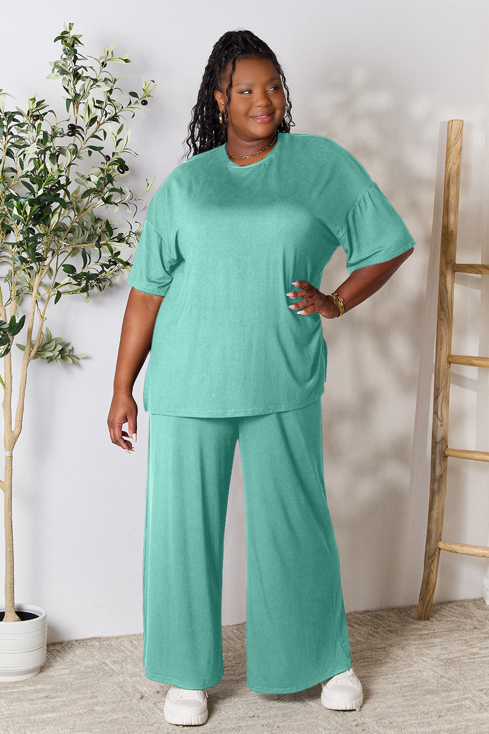 Double Take  Round Neck Slit Top and Pants Set